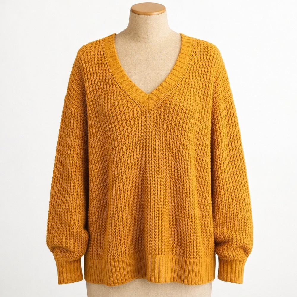 J‎ Crew Waffle Knit 100% Cotton Sweater Size M Yellow V Neck Knit Preppy Classic